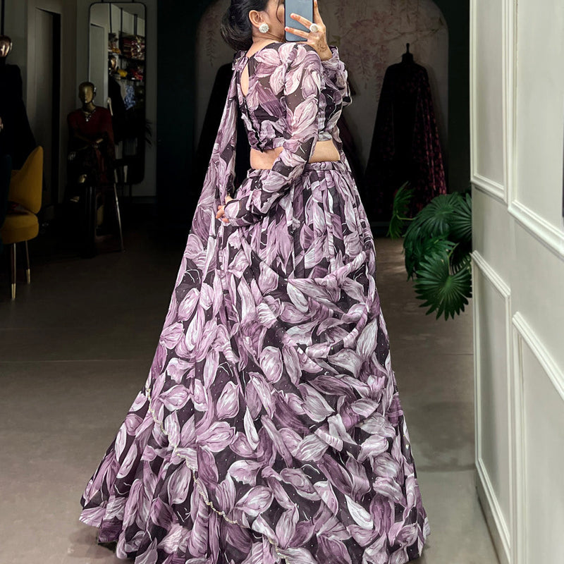 Coffee Color Printed With Hotfix Tubby Silk Lehenga Choli