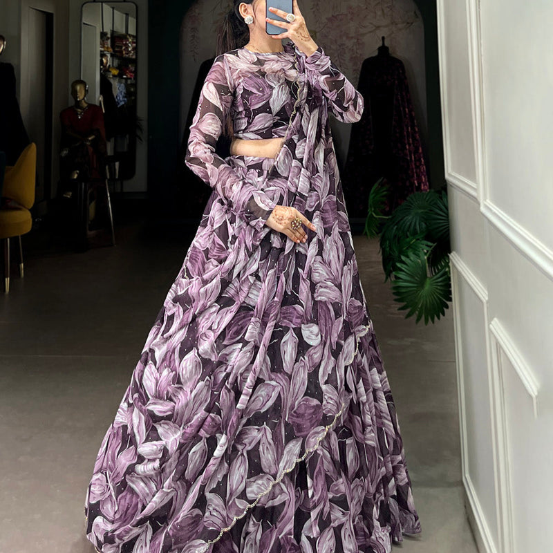 Coffee Color Printed With Hotfix Tubby Silk Lehenga Choli