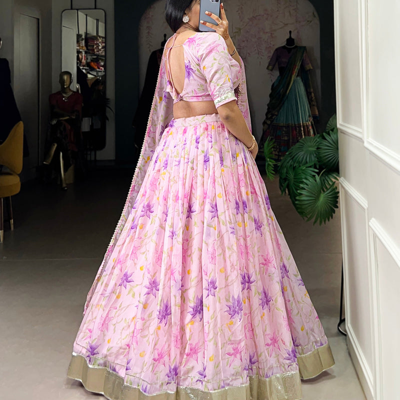 Baby Pink Color Floral Print With Lace Border Tabby Silk Lehenga Choli