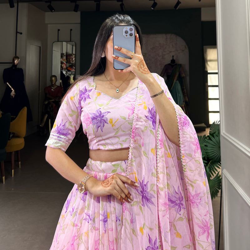 Baby Pink Color Floral Print With Lace Border Tabby Silk Lehenga Choli