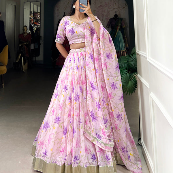 Baby Pink Color Floral Print With Lace Border Tabby Silk Lehenga Choli