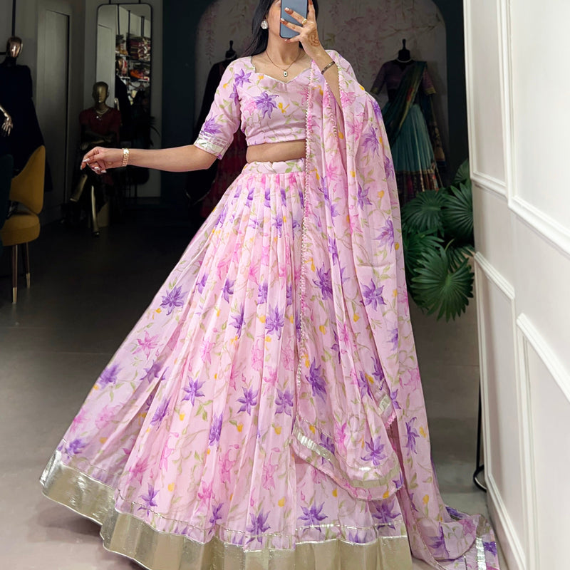 Baby Pink Color Floral Print With Lace Border Tabby Silk Lehenga Choli