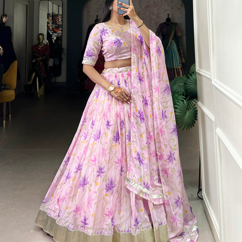 Baby Pink Color Floral Print With Lace Border Tabby Silk Lehenga Choli