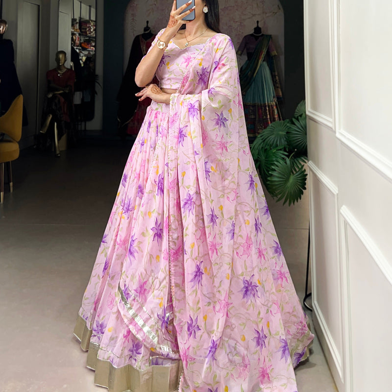 Baby Pink Color Floral Print With Lace Border Tabby Silk Lehenga Choli