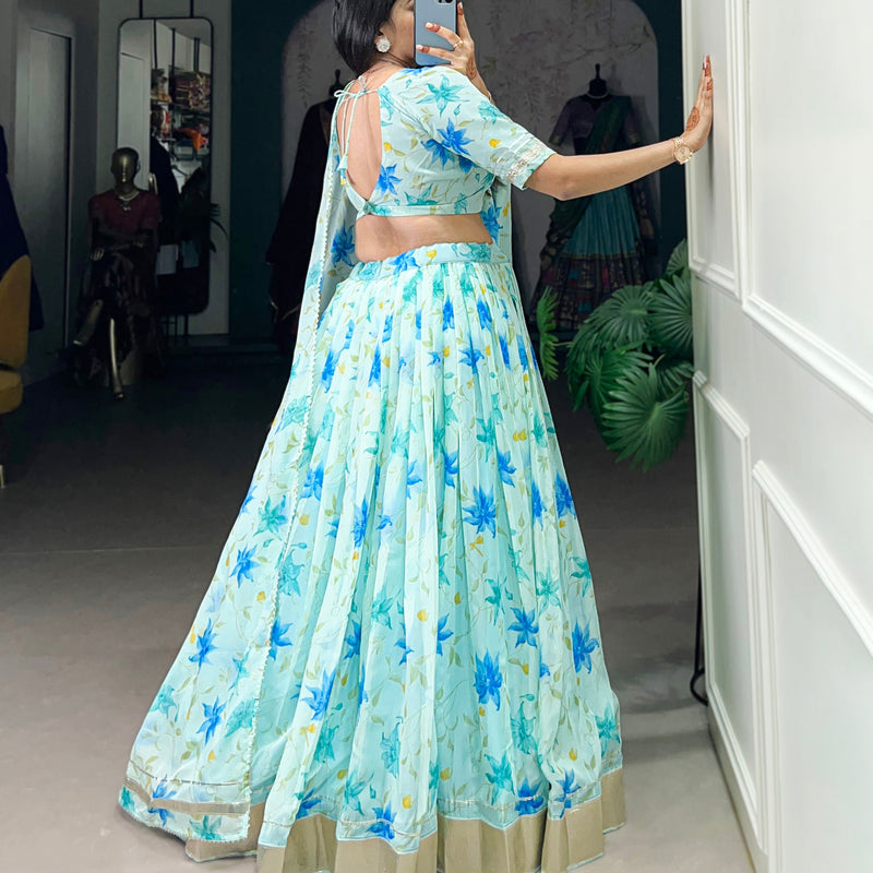Pista Color Floral Print With Lace Border Tabby Silk Lehenga Choli