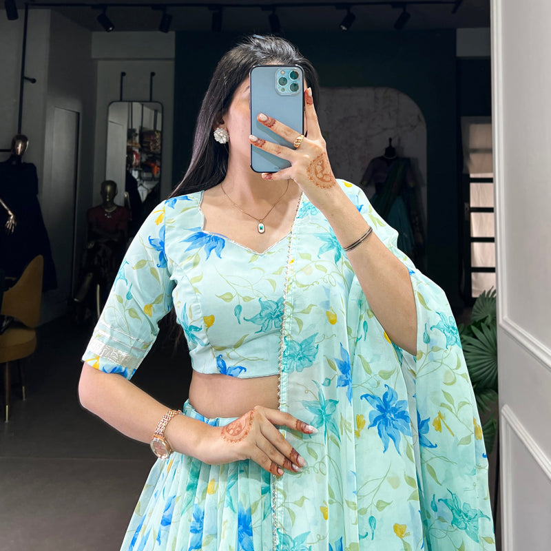 Pista Color Floral Print With Lace Border Tabby Silk Lehenga Choli