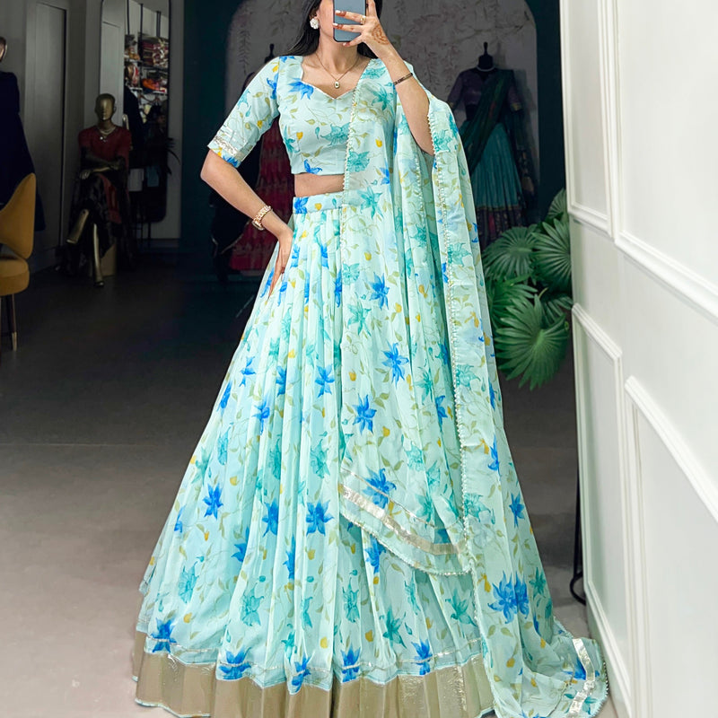 Pista Color Floral Print With Lace Border Tabby Silk Lehenga Choli