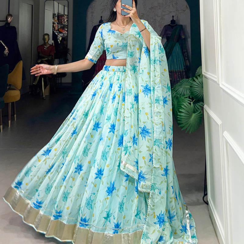 Pista Color Floral Print With Lace Border Tabby Silk Lehenga Choli