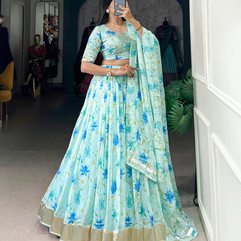 Pista Color Floral Print With Lace Border Tabby Silk Lehenga Choli