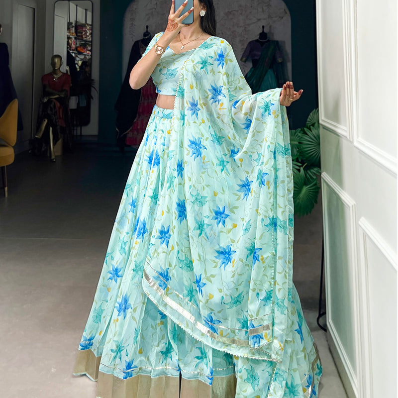 Pista Color Floral Print With Lace Border Tabby Silk Lehenga Choli