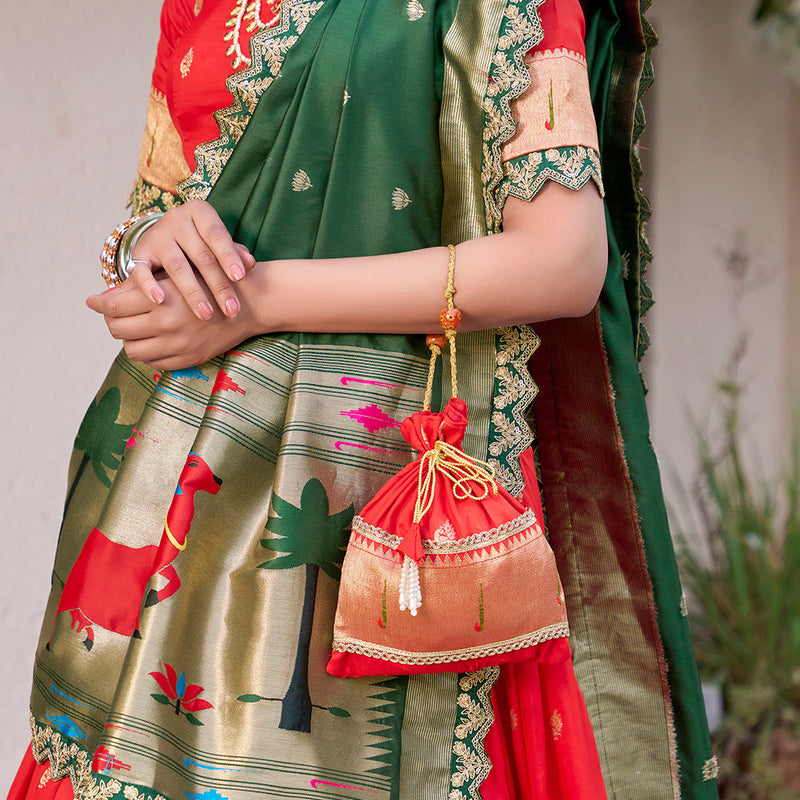 Red Color Zari Weaving Work Jacquard Silk (Paithani) Lehenga Choli