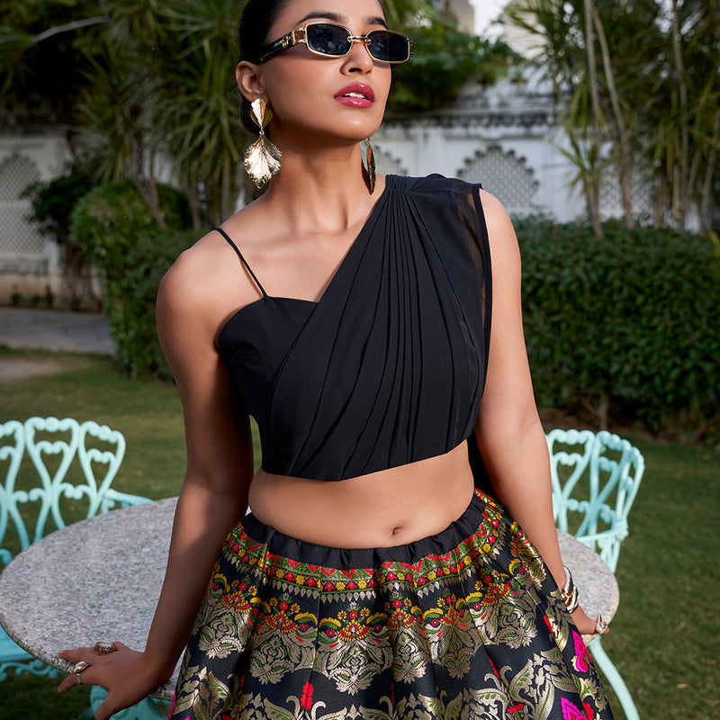 Black Color Weaving Zari Work Banarasi Silk Co-ord Set Lehenga With Georgette Choli