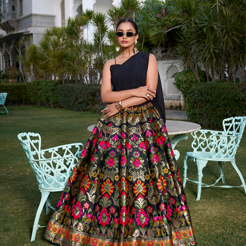 Black Color Weaving Zari Work Banarasi Silk Co-ord Set Lehenga With Georgette Choli