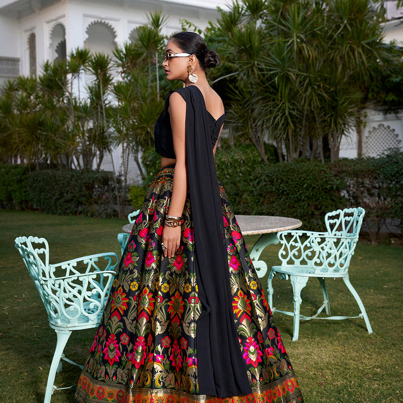 Black Color Weaving Zari Work Banarasi Silk Co-ord Set Lehenga With Georgette Choli
