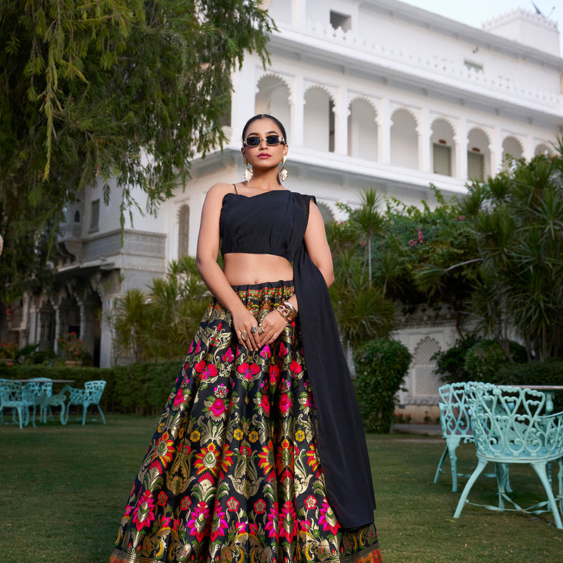 Black Color Weaving Zari Work Banarasi Silk Co-ord Set Lehenga With Georgette Choli