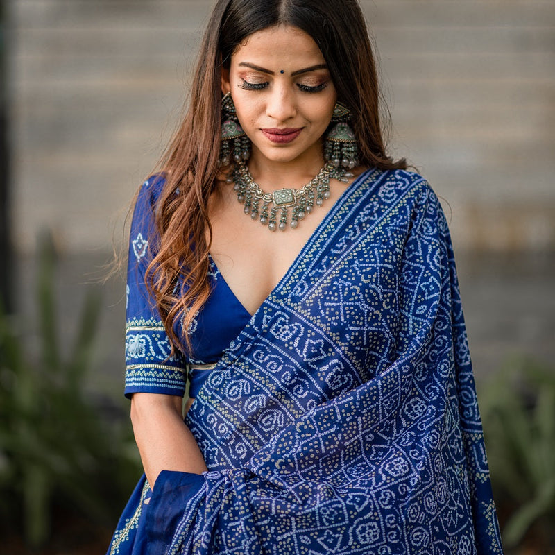 Navy Blue Color Bandhani Printed Vaishali Silk Lehenga With Blouse And Dupatta