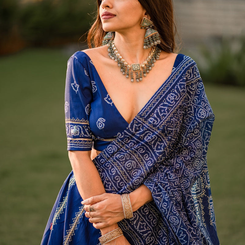 Navy Blue Color Bandhani Printed Vaishali Silk Lehenga With Blouse And Dupatta