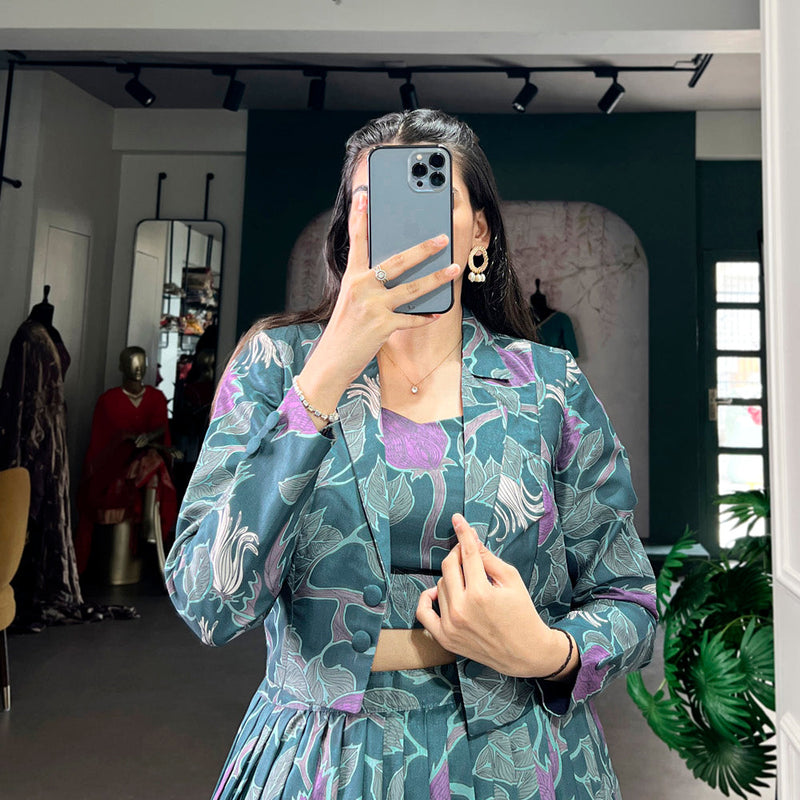 Teal Blue Color Tasar Silk Co-ord Set