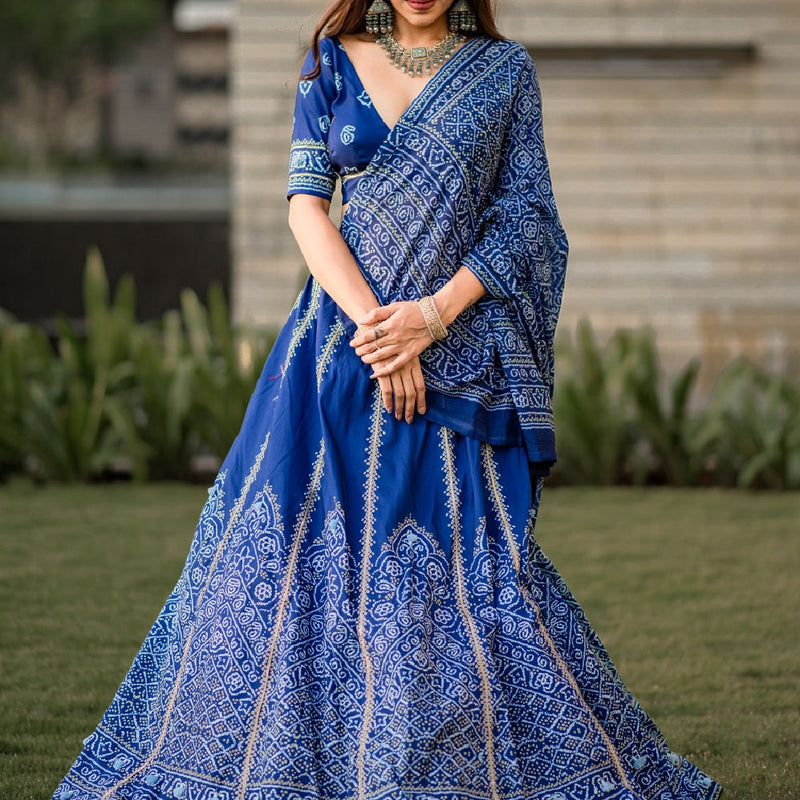 Navy Blue Color Bandhani Printed Vaishali Silk Lehenga With Blouse And Dupatta