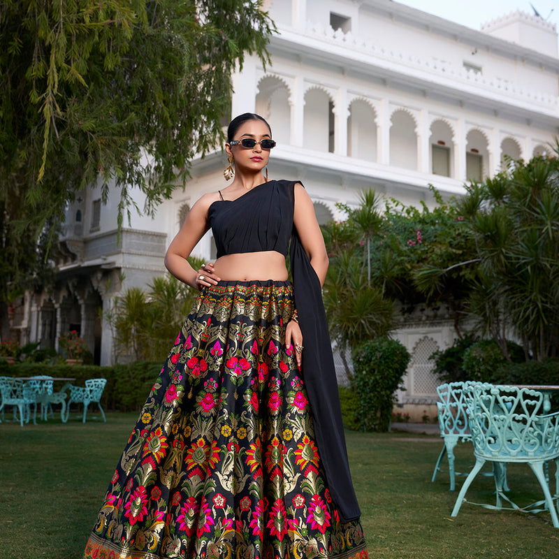 Black Color Weaving Zari Work Banarasi Silk Co-ord Set Lehenga With Georgette Choli