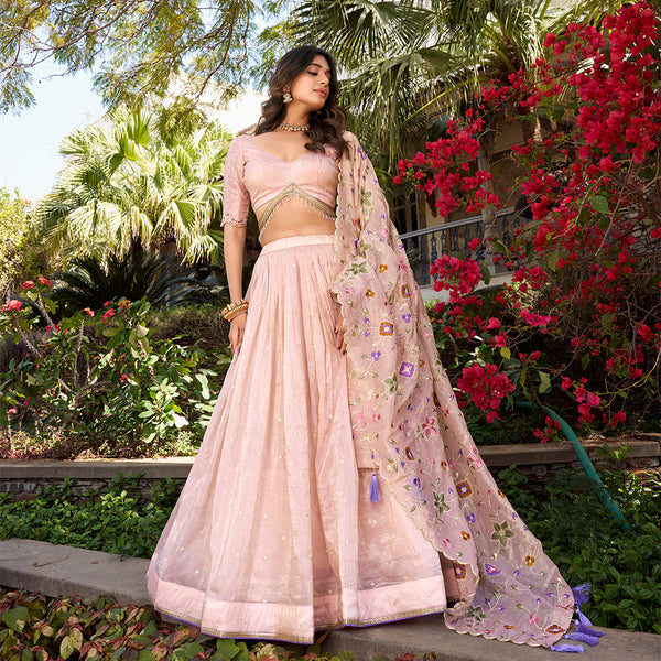 Light Pink Color Sequins And Thread Embroidery Gold Crush Lehenga Choli