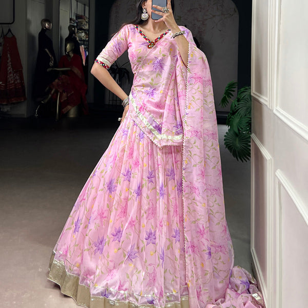Baby Pink Color Floral Print With Embossed Design Tabby Silk Chaniya Choli