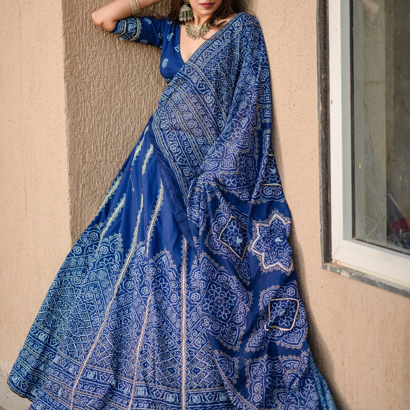 Navy Blue Color Bandhani Printed Vaishali Silk Lehenga With Blouse And Dupatta