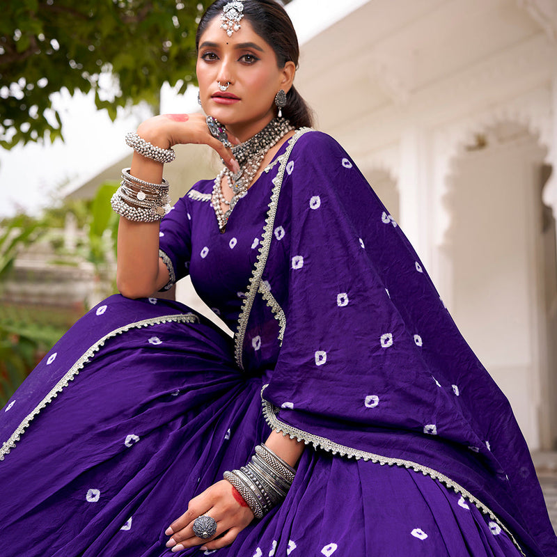 Purple Color Bandhej Print With Lace Touch Up Chanderi Chaniya Choli
