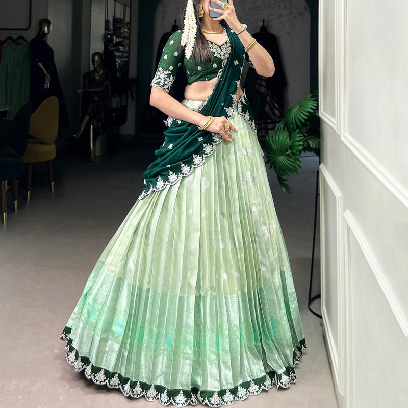 Pista Color Zari Weaving Work Sequins And Embroidery Border With Zari Kota Lehenga Choli