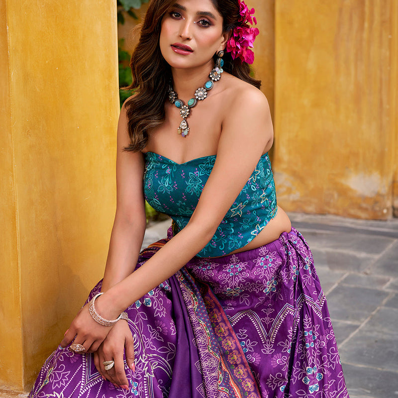 Purple Color Printed With Beads Work Lehenga