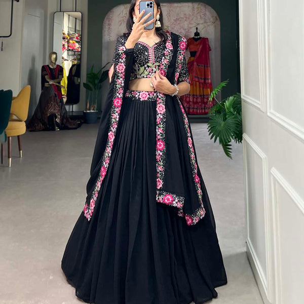 Black Color Sequins With Thread Embroidery Work Georgette Lehenga Choli
