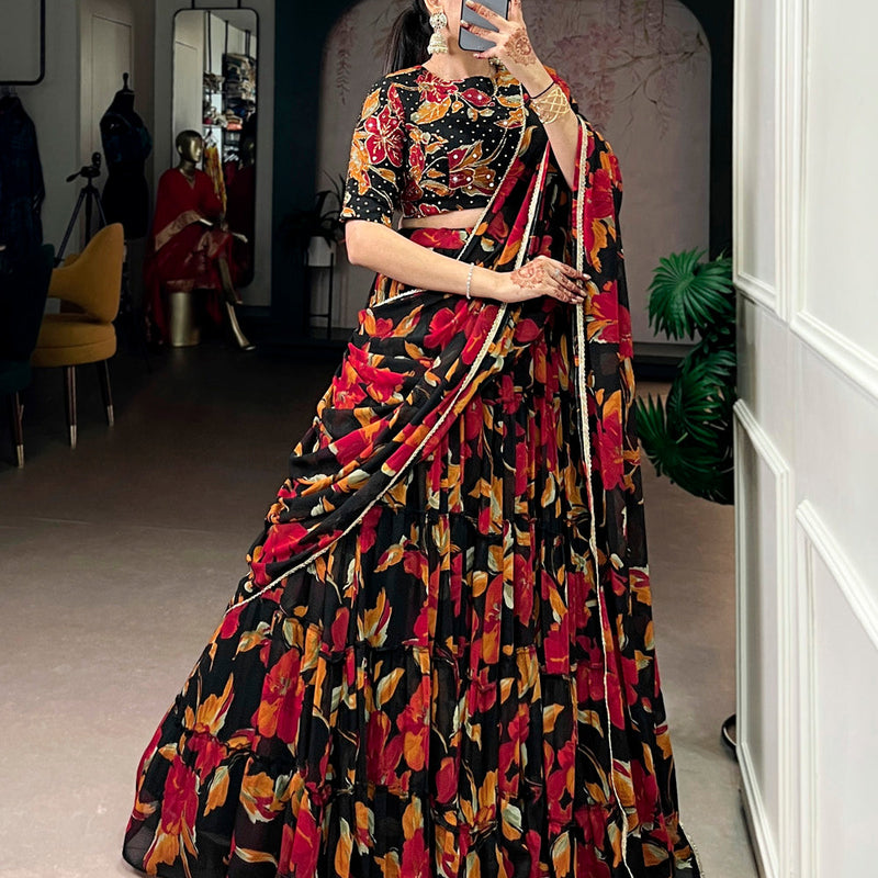 Black Color Floral Printed Marbel Chaniya Choli
