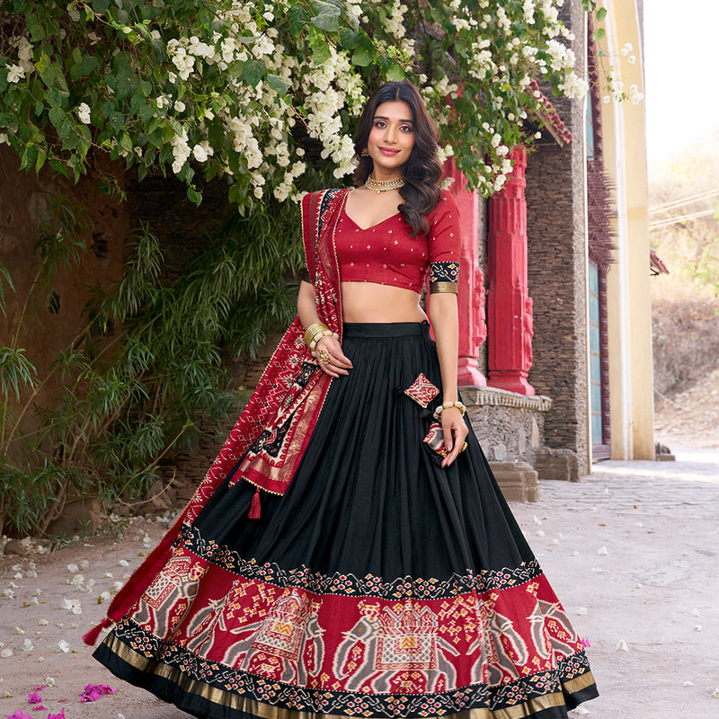 Black Color Patola Printed Tasar Silk Lehenga Choli