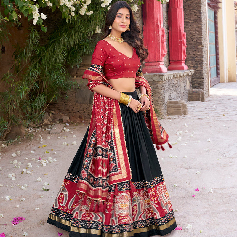 Black Color Patola Printed Tasar Silk Lehenga Choli