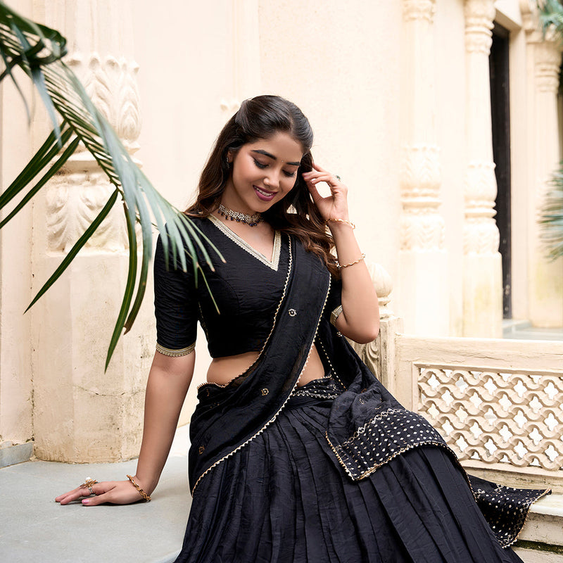Black Color Plain With Zari Weaving Work Chanderi Lehenga Choli