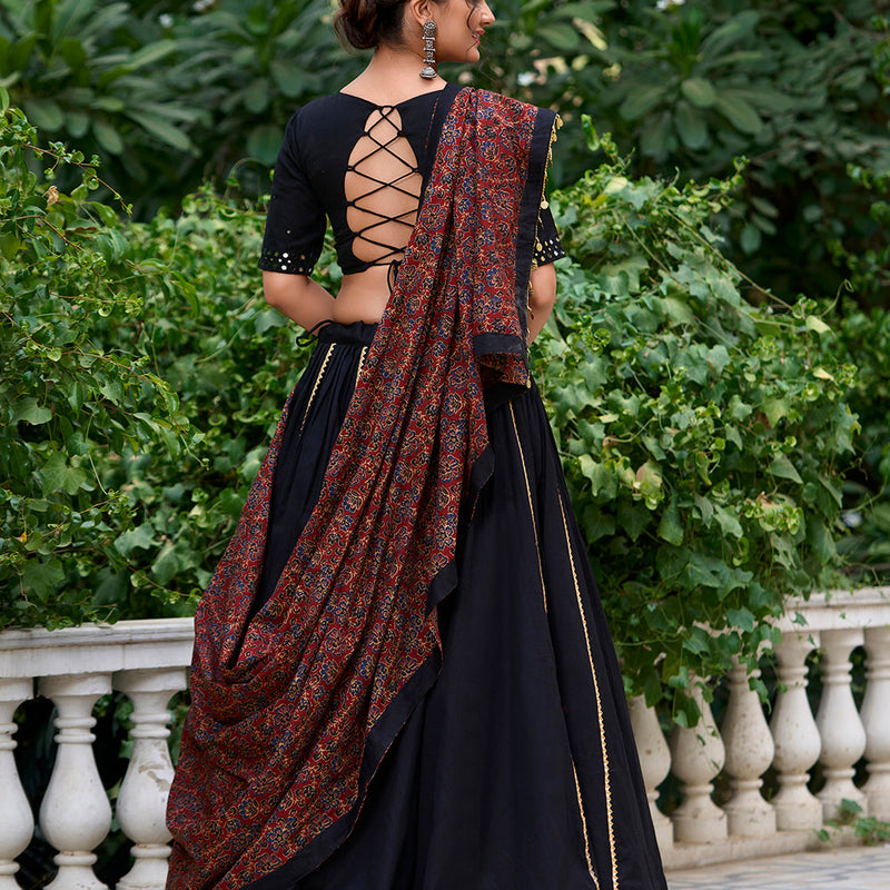 Balck Color Plain With Gota Patti Cotton Traditional Lehenga Choli
