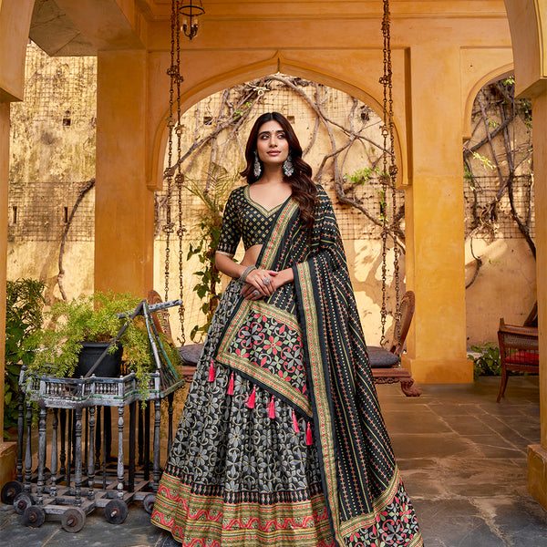 Black Color Tasar Silk Lehenga