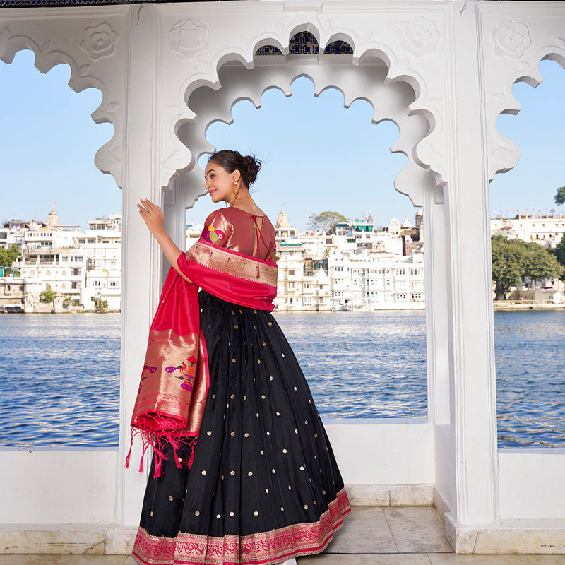 Black Color Weaving Zari Work With Jacquard Silk (Paithani) Maharashtrian Lehenga Choli