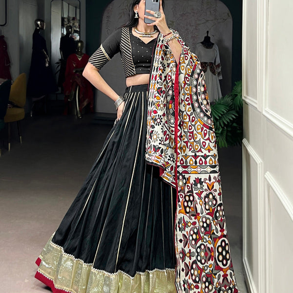 Black Color Zari Weaving Work With Embossed Design Chanderi Lehenga Choli