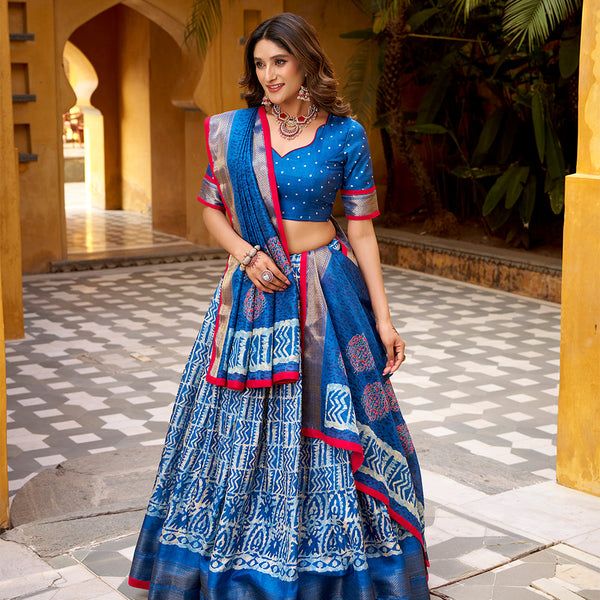 Blue Color Batik Printed Dola Silk Lehenga