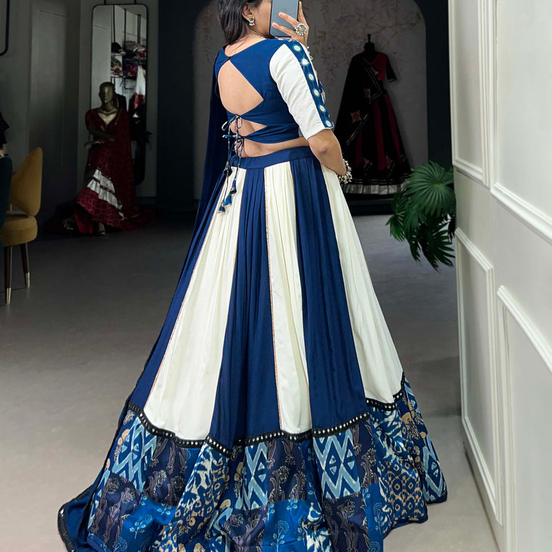 Blue Color Plain And Printed With Paper Mirror Work Rayon Lehenga Choli