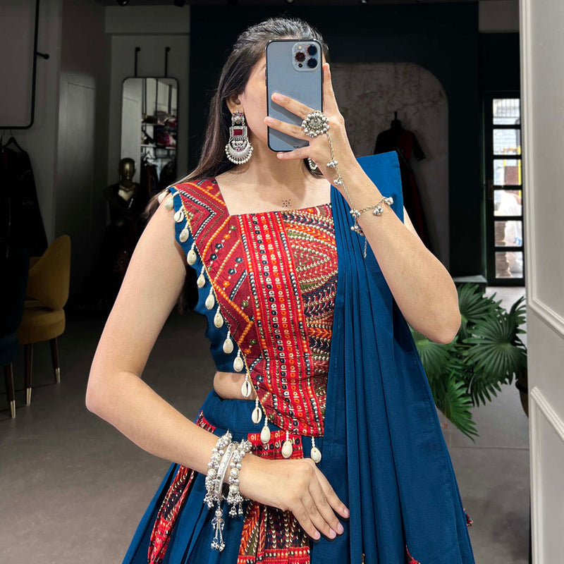 Blue Color Plain And Printed With Foil Work Cotton Lehenga Choli