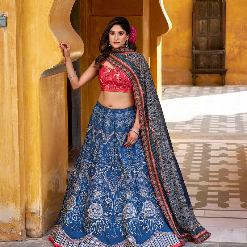 Blue Color Printed With Beads Work Lehenga