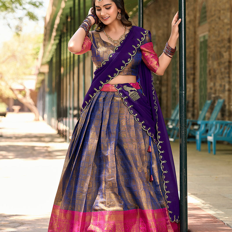 Blue Color Zari Weaving Work Kanjivaram South Indian Lehenga Choli