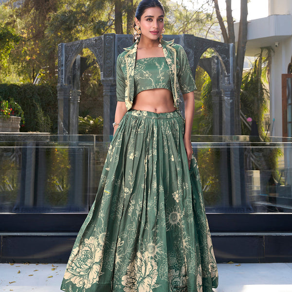 Bottle Green Floral Print Tussar Silk Co-ord Set lehenga Choli