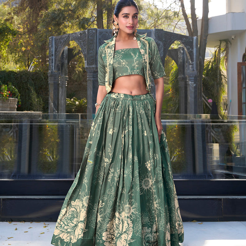Bottle Green Floral Print Tussar Silk Co-ord Set lehenga Choli