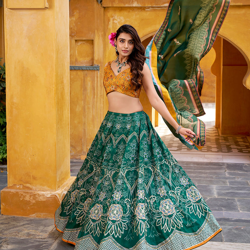 Bottle Green Color Printed With Beads Work Lehenga