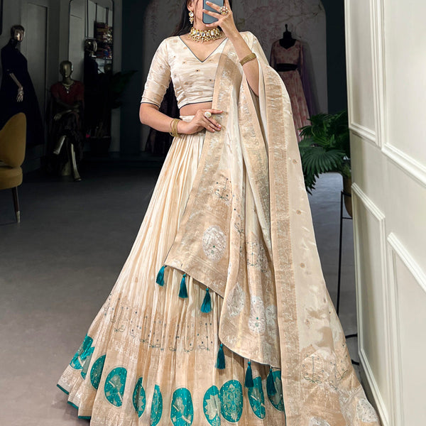 Bottle Green Color Mirror And Bids (Moti) Handwork Shimmer With Weaving Work Lehenga Choli