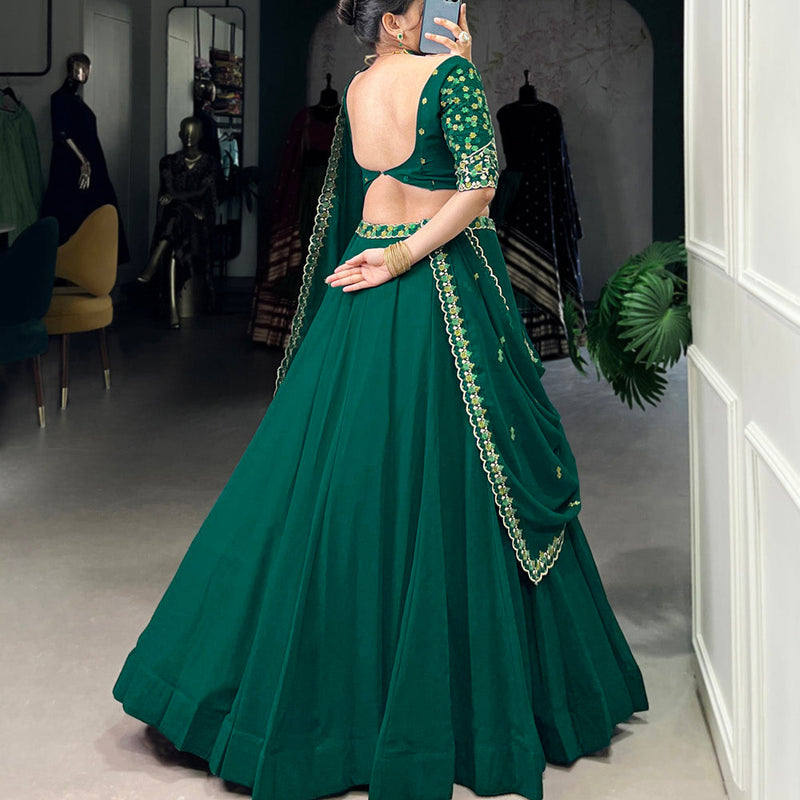 Bottle Green Color Thread Embroidery Work Georgette Lehenga Choli