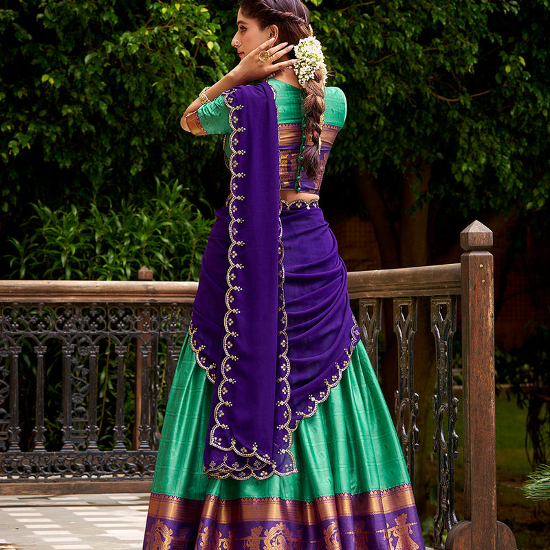 Bottle Green Color Zari Weaving Work Poly Cotton Lehenga Choli